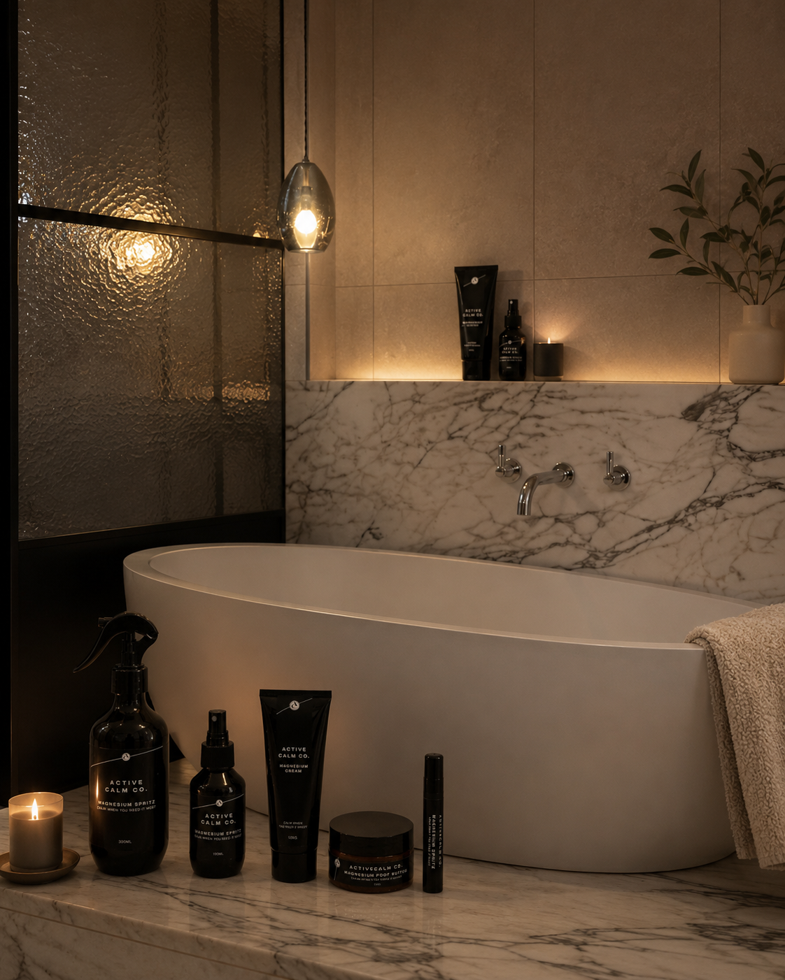 Dim, candle-lit bathroom with warm bath — evening wind-down ritual for deeper sleep