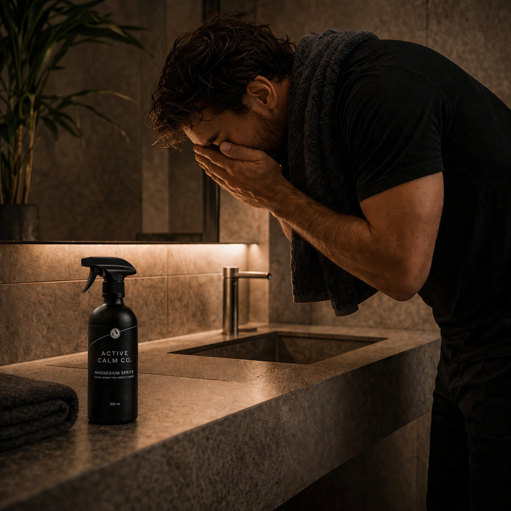 Man using Active Calm Co 300ml Magnesium Spritz in bathroom