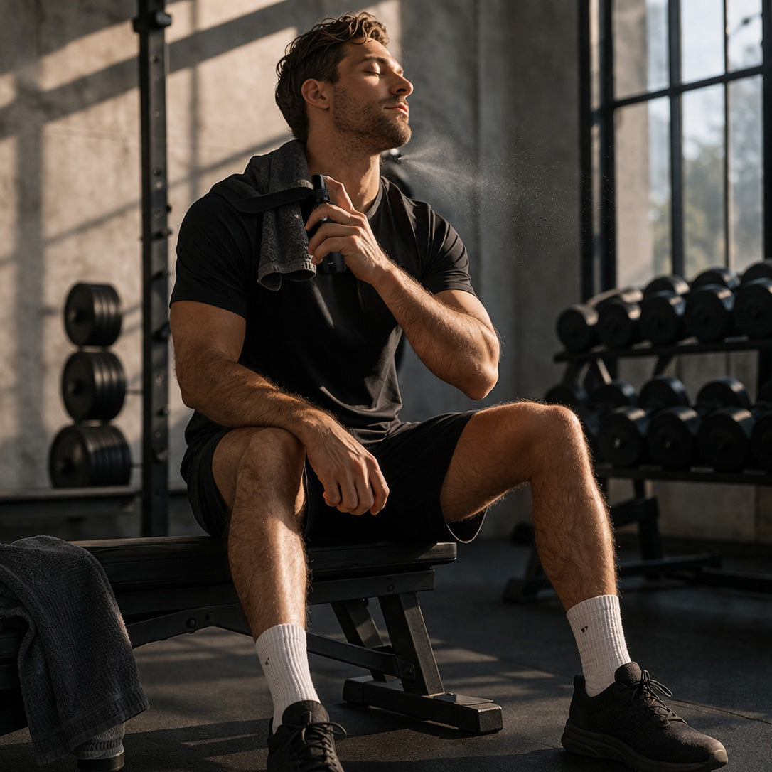 Active Calm Co Midday Reset - man using Magnesium Spritz on gym bench